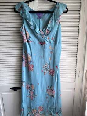 Vintage Jeunesse Blue Floral Ruffle V-Neck Viscose Midi Dress Size 12